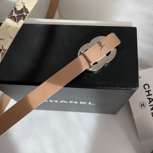 CHANEL Python Cream Brown Snake & Leather Skinny Belt CC Logo w/ Matte Silver HW - Picture 11 of 16